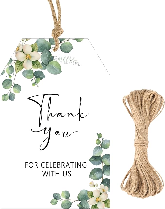 G2PLUS 50PCS Thank You Gift Tags with String, 3.3X2.2In Greenery Floral Leaves Paper Tags for Wedding Favors, Baby Shower, Bridal Shower, Party Decorations