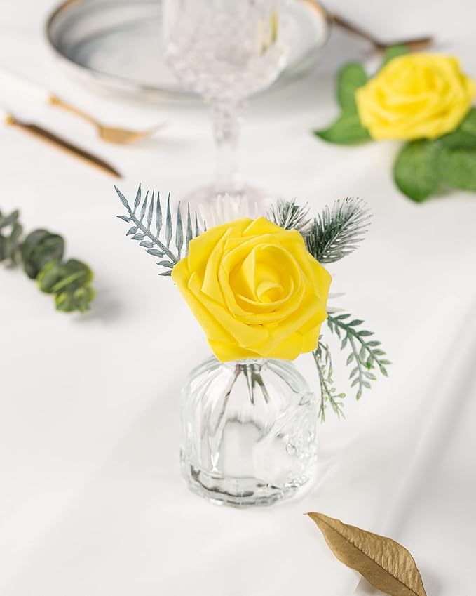 DuHouse 25Pcs Artificial Roses Flowers Fake Roses with Stems Real Touch Foam Flowers for DIY Wedding Bouquet Baby Shower Centerpiece Floral Arrangement Party Home Decor(Yellow)