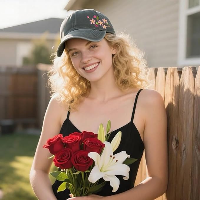 Cute Flower Hat, Elegant Floral Embroidered Adjustable Baseball Cap for Men Women, Gifts for Flower Lovers, Black