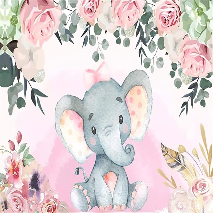 AOFOTO 8x8ft Pink Flowers Elephant Baby Shower Backdrop for Girl Sweet Floral Gender Reveal Background for Photography Kids Infant Birthday Party Banner Cake Table Decoration Photo Studio Props Vinyl