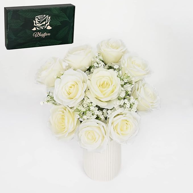 Waipfaru 20 Pcs Fake White Roses Babys Breath Artificial Flowers Bulk, Silk White Rose Faux Babys Breath with Long Stems for Wedding Bouquet Vase Flower Arrangement