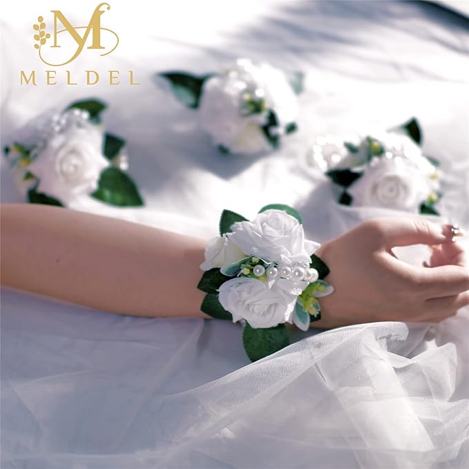 Meldel Prom Wrist Corsage and Boutonniere Set for Wedding, White Rose Boutonniere for Men Wedding, Wrist Flower for Bride Bridesmaid, Hand Flower for Wedding Ceremony Anniversary, Party, Homecoming