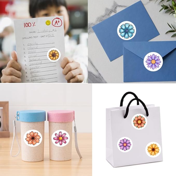 600 Pcs Flowers Stickers for Kids 1.5 Inch 16 Styles Round Flowers Stickers Roll for Girls Boys Flowers Party Favors Birthday Decoration Supplies Teachers Student Classroom Reward