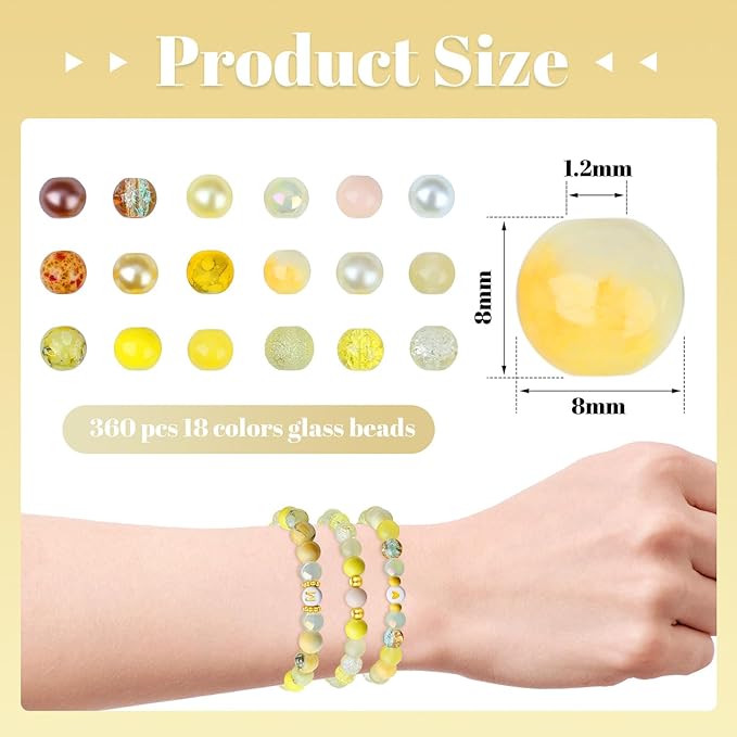 DUQGUHO 8mm Yellow Glass Beads for Jewelry Making & DIY Crafts - 360PCS, Round, Modern Style