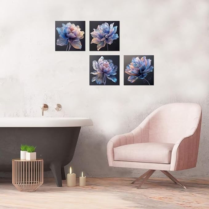 Pankila Blue Flower Wall Art for Living Room Bedroom Bathroom Floral Poster Abstract Canvas Flowers Wall Decor Life Pictures Home Decorations Framed Artwork Ready to Hang (16''W x 16''H x 4)