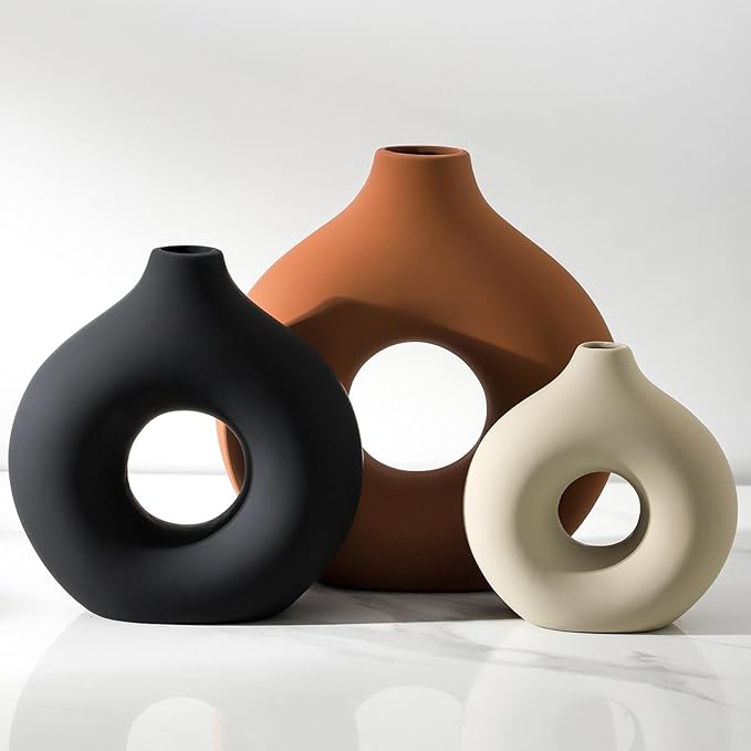 Ceramic Vase Home Table Decor - Flower Vases Set of 3 Small Living Room Centerpiece Decorations for Shelf Bedroom Office Kitchen Dining Desk Modern Aesthetic Farmhouse Decorative (Rust)