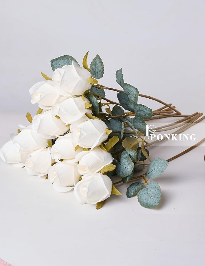 Rose Artificial Flower Buds 12pcs Realistic Faux Silk Roses Fake Flowers Bouquets Arrangements Decor for Wedding Spring Mother's Day, Home Table Decorations, Beige Flower