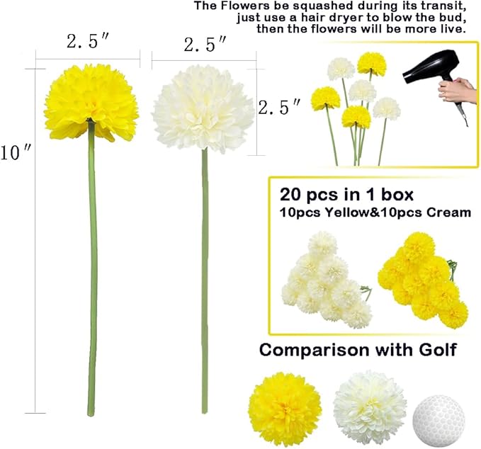 20Pcs Artificial Fake Flower Plants Silk Chrysanthemum Ball Hydrangea Arrangements Wedding Bouquets Decor Home Kitchen Garden Party Table Floral Centerpieces DIY (White&Yellow)