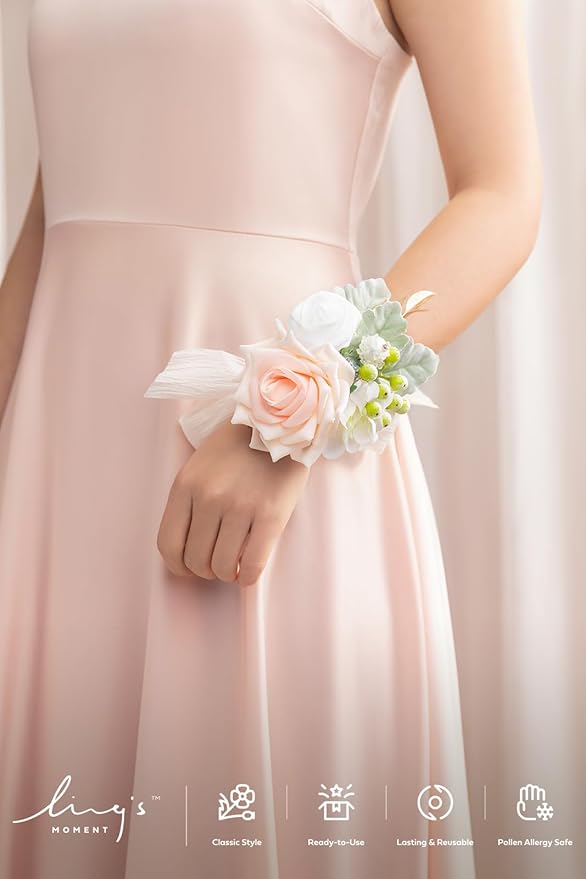 Ling's moment 6pcs Wedding Wrist Corsage Artificial Flowers, Girl/Mother Homecoming Prom Corsages Wristlet Décor, etc. Peach Pink