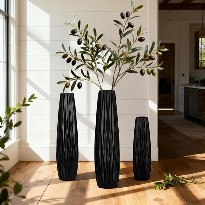 Black Ceramic Tall Floor Vase – 15.7" Modern Minimalist Decorative Large Vase for Living Room Corner, Entryway, or Office Home Decor