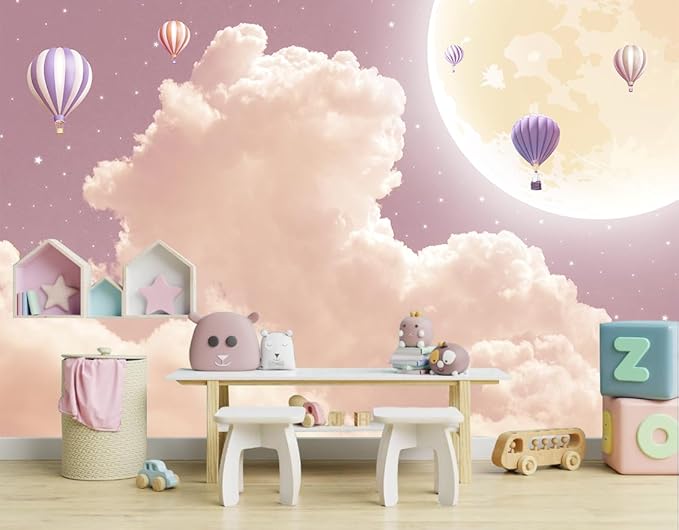 WFBHUA-Pink and Purple Cloud Wallpaper Mural Peel and Stick Moon Hot Air Balloon Self Adhesive Mural for Girl's Room 82"x57"
