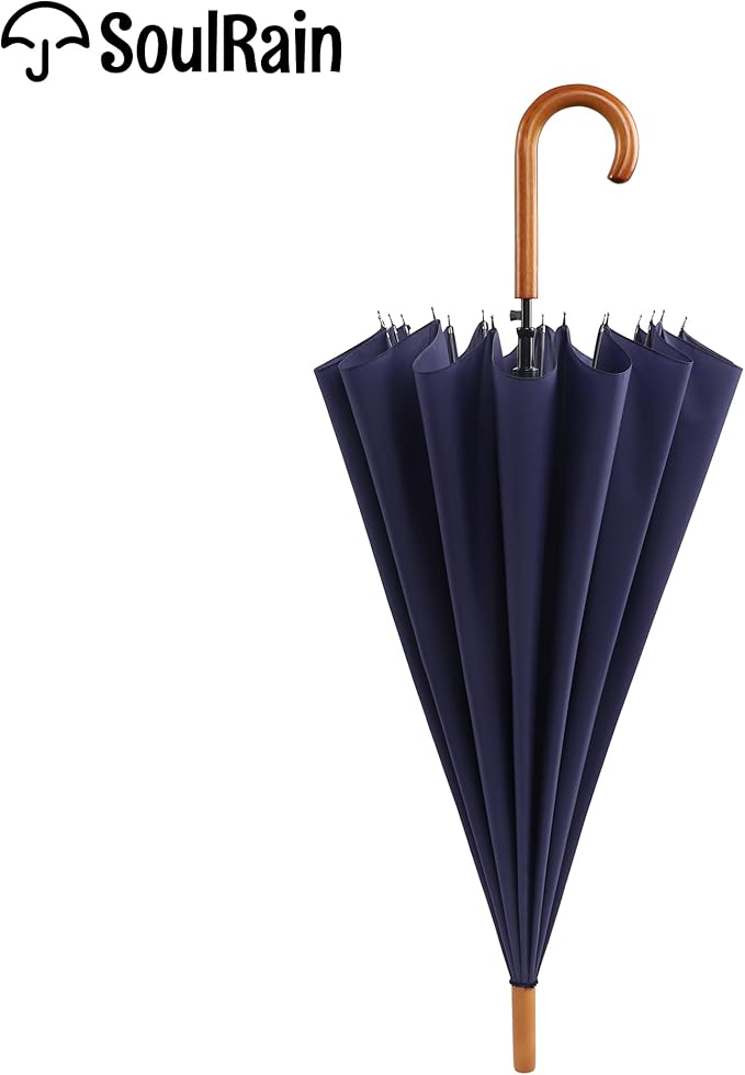 SoulRain 16 Ribs 48" Stick Umbrella Auto Open Solid Color Fashionable and Simple，Arc Classic Wood Handle，Windproof Unbreakable Stick Rain Umbrella