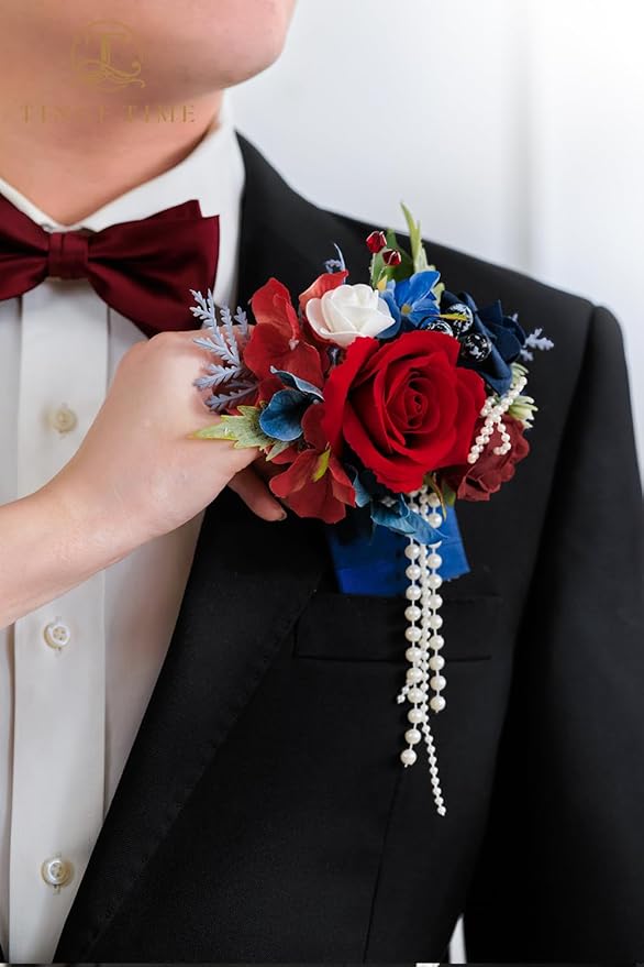 TINGE TIME Boutonniere for Men Wedding,Groom and Best Man Boutonniere for Wedding, Prom, Homecoming, Anniversary, Graduation, Christmas Dinner (1, Red & Navy Blue)
