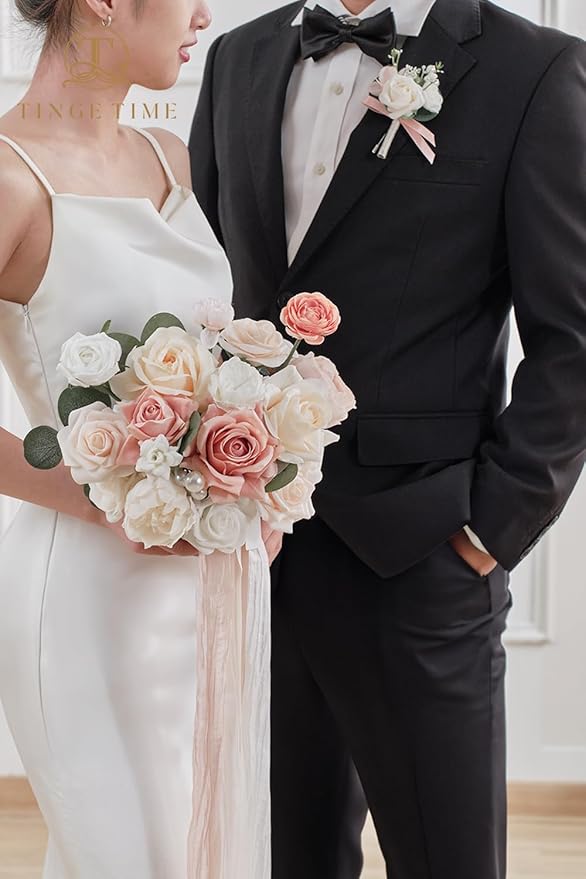 TINGE TIME Boutonniere for Men Wedding,Groom and Best Man Boutonniere for Wedding Ceremony Anniversary, Formal Dinner Party and Rustic Spring Wedding Marriage (10, Champange&Pink)