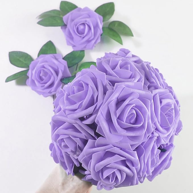 homEdge Artificial Rose, 25pcs Foam Artificial Flowers with Stem for Home Decorations, Wedding Bouquets, Party, Certerpieces, Anniversaries-Lilac
