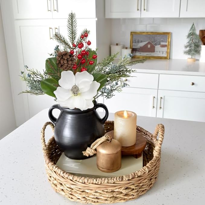 Briful White Magnolia Christmas Flower Branches, 2 Pack 18.9in Artificial Magnolia Floral Picks and Spray with Pinecones Berries for Xmas Tree Vase Arrangements Decor