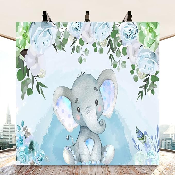 AOFOTO Flowers Baby Elephant Backdrop Light Blue 8x8ft Boy Gender Reveal Party Decorations Sweet Floral Baby Shower Photo Shoot Background for Photography Kids Child Birthday Photo Studio Props Vinyl