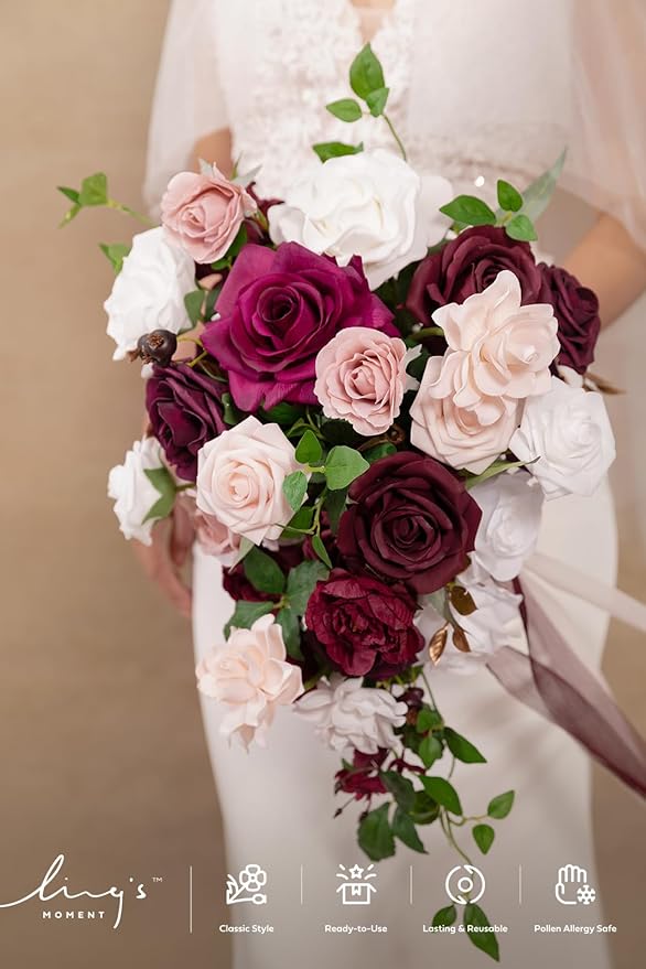 Ling's moment Red Bridal Bouquet Cascading, Burgundy Wedding Bouquets for Bride, 13 Inch Bride Bouquets for Wedding Artificial Flowers Bouquets