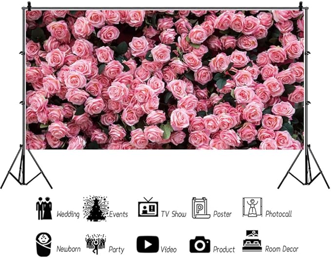 8x6ft Flower Backdrop Pink Rose Floral Wall Photography Background Birthday Baby Shower Wedding Party Banner Decorations Supplies Photo Booth Props