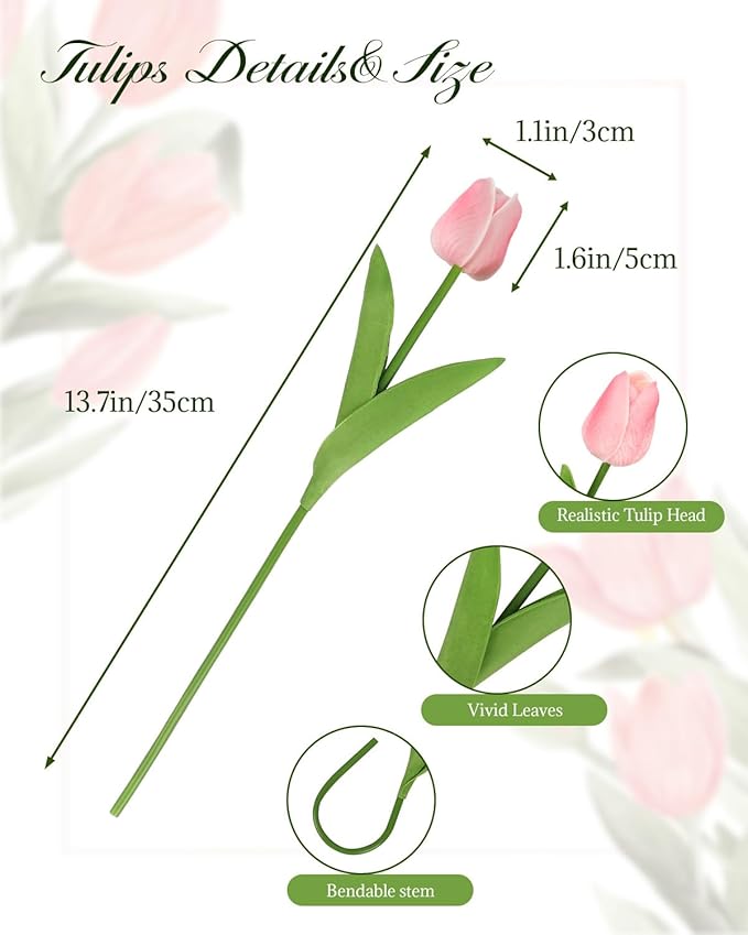MACTING 30 PCS Artificial Tulip Flowers 13.7" Real Touch Fake PU Tulips Bouquet Faux Flowers for Floral Arrangements Table Centerpiece Kitchen Home Indoor Outdoor Summer Decorations(Peach Pink)