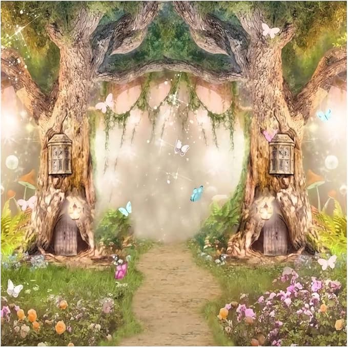 Leowefowa 10x10ft Vinyl Birthday Backdrops Fairy Tale Forest Enchanted Flower Baby Shower Photo Backgrounds for Birthday Party Photoshoot Newborn Baby Kids Children Studio Props Photography Banner
