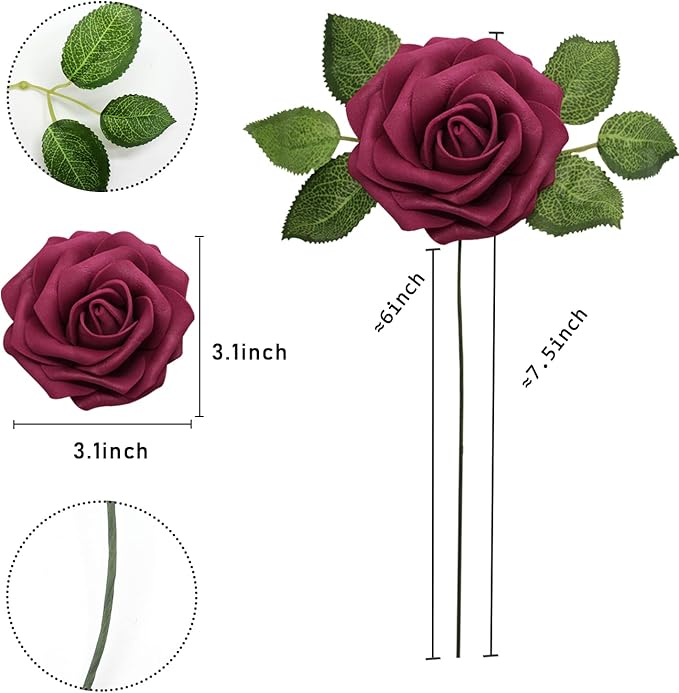 Artificial Roses Flowers 100pcs Wine Red Real Looking Foam Fake Roses with Stems for DIY Wedding Bouquets Bridal Shower Centerpieces Party Decorations (100, Wine Red)