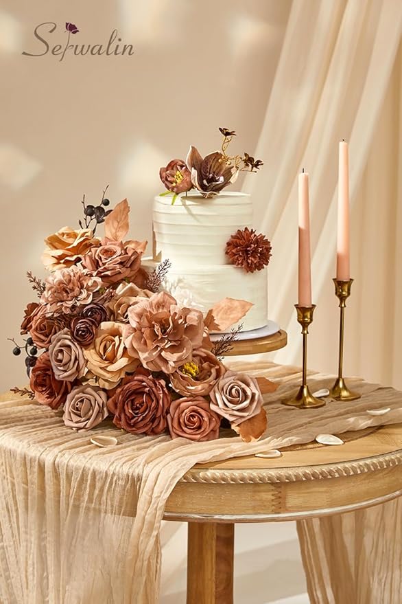 Serwalin Artificial Fall Flowers, Brown & Terracotta Silk Flowers with Stems, Fake Roses Flowers for Wedding Bouquets Bridal Baby Shower Party Craft Home Cake Decoration