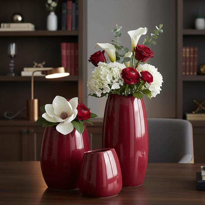 hjn Ceramic Vase Set of 3 Red Flower Vase for Home Decor, Modern Decorative Vase for Flowers Vases for Your Ideal Shelf Decor/Table/Living Room/Kitchen/Office-Red…