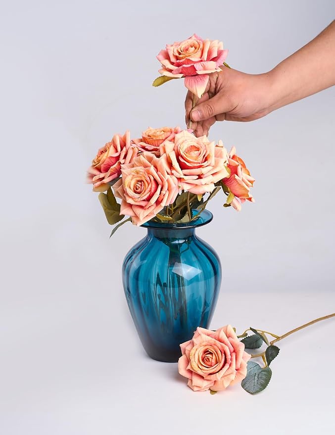 3.1"(8cm) Manta Rose Artificial Flower 7pcs Realistic Faux Silk Roses Fake Flowers Bouquets Arrangements Decor for Wedding Spring Mother's Day, Home Table Decorations, Orange Flower