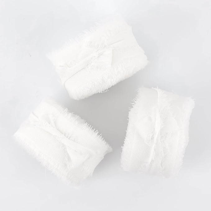 MEEDEE White Chiffon Ribbon 1 Inch White Fringe Ribbons Chiffon Silk Frayed Edge Ribbon Thin Chiffon Ribbons for Crafts, Gift Wrapping, Wedding Invitation (3 Rolls 21 Yards)