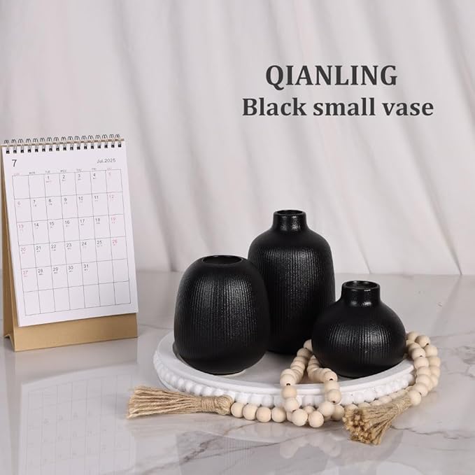 Black Ceramic Vase Set of 3, Minimalist Decor, Home Decorative Vase, Modern Ribbed Vases, Black Vase Set for Kitchen, Bedroom, Office, Living Room, Bathroom, & Shelf Centerpiece Table Decoration