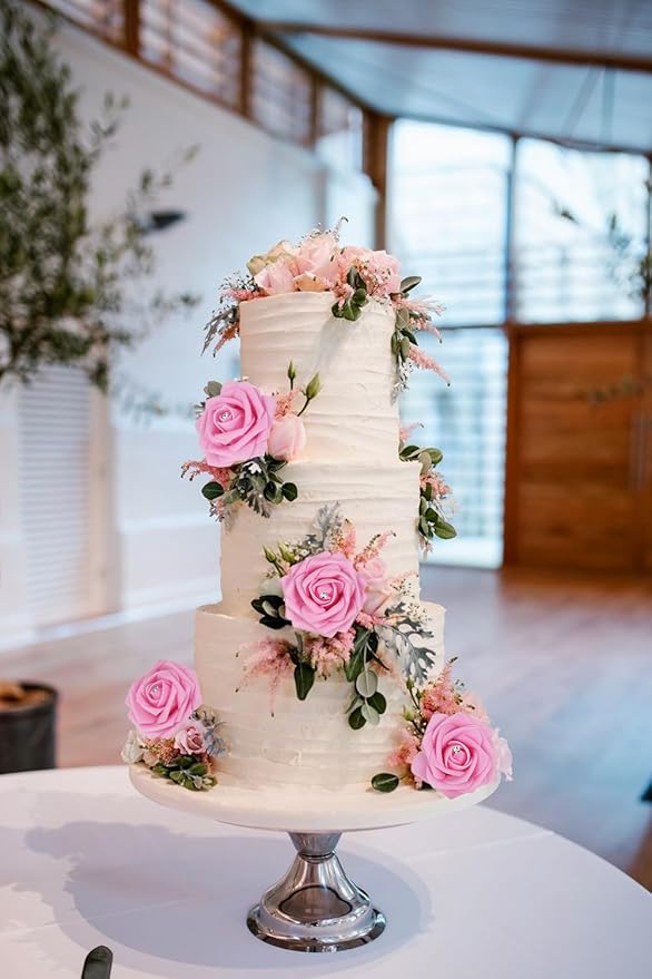 Pink Roses with Crystal 50PCS Artificial Roses with Stems2.95 Realistic Fake Roses Pink Foam Flowers for DIY Craft Corsage Wedding Bridal Shower Centerpieces Table Decor (Pink)