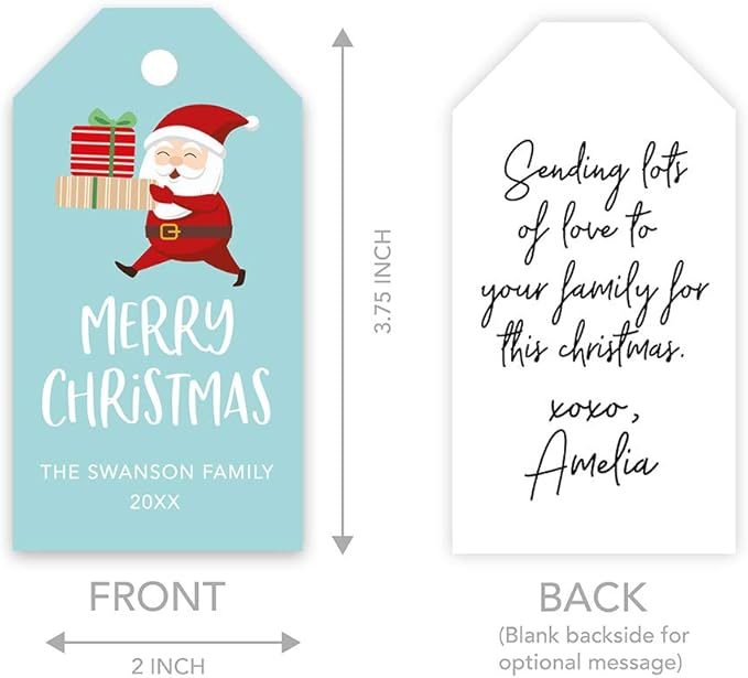 Andaz Press Personalized Christmas Holiday Season Classic Gift Tags, Merry Christmas Custom Family Name and Year, Santa Claus Carrying Presents Design, For Holiday Events, Parties, and Favors, 60-Pack