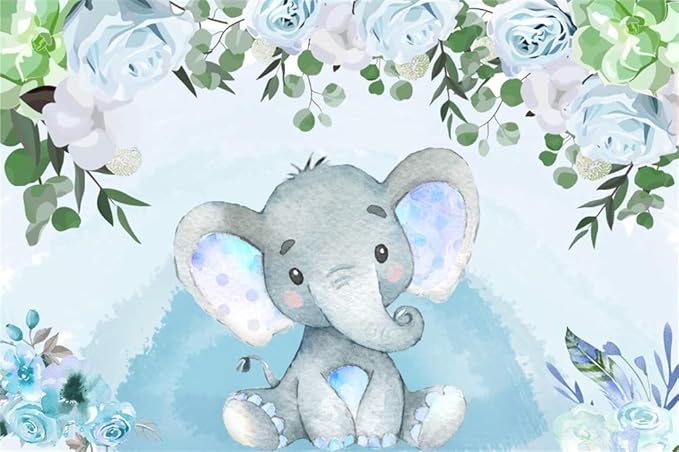 AOFOTO Flowers Baby Elephant Backdrop Light Blue 15x10ft Boy Gender Reveal Party Decorations Sweet Floral Baby Shower Photo Shoot Background for Photography Kids Child Birthday Photo Studio Props