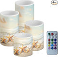 Flameless LED Candle Electric Pillar Candle with Remote Timer Color Changing Control Long Lasting Pack of 4 for Tabletop Coastal Home Indoor Decoration, Beach Gold Starfish