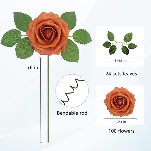 100PCS Burnt Orange Artificial Flowers Realistic Roses, Real Looking Fake Roses with Stem for DIY Wedding Bouquets Centerpieces Bridal Shower Party Home Romantic Decorations (Burnt Orange, 100pcs)