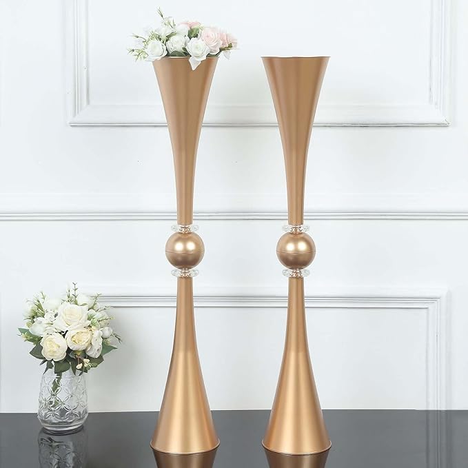 Efavormart 2 Pack | 31" Gold Crystal Embellishment Trumpet Table Centerpiece, Reversible Plastic Flower Vase