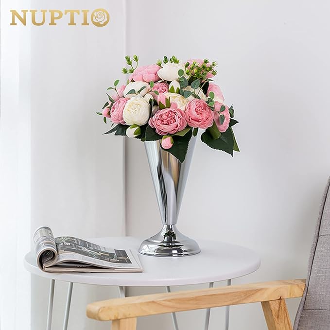 2 Pcs Tabletop Silver Metal Wedding Flower Trumpet Vase, 9.8 inch Table Decorative Centerpiece Artificial Flower Arrangements for Anniversary Ceremony Party Birthday Event Aisle Home Decoration