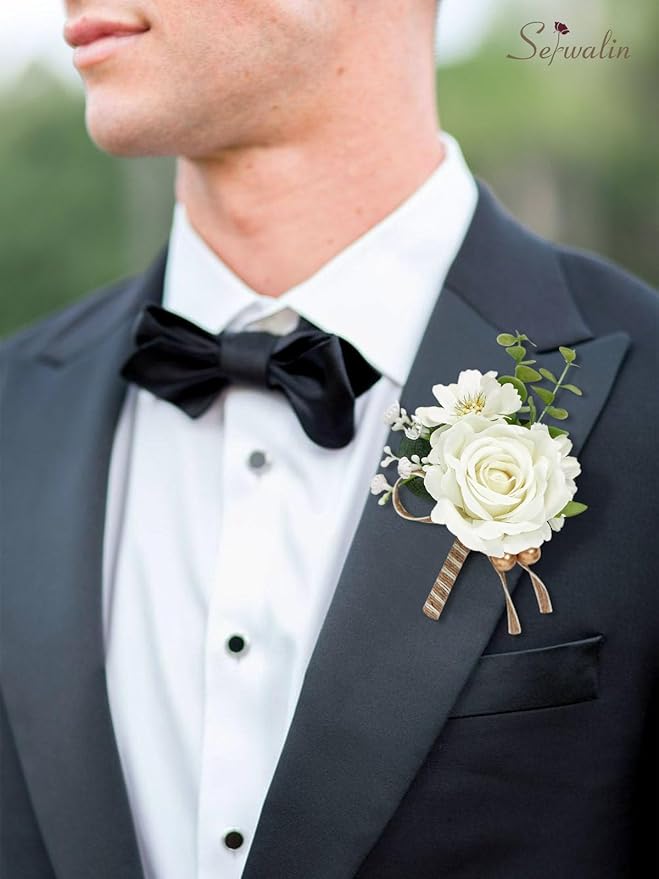 Serwalin Ivory Corsage and Boutonniere Set, Prom Flower Wrist Corsage Bracelets, Homecoming Roses Corsage Wristlet and Men Boutonniere for Wedding Flowers Accessories Prom Suit Decorations
