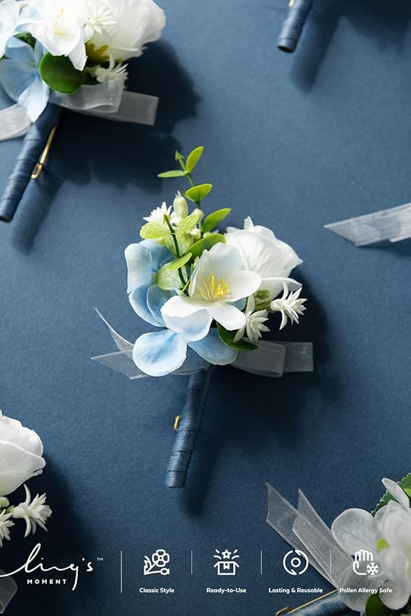 Ling's Moment Boutonniere for Men, 10pcs Groomsmen Guest Boutonniere, Artificial Flowers for Wedding Décor/Prom/Homecoming,etc.Blue