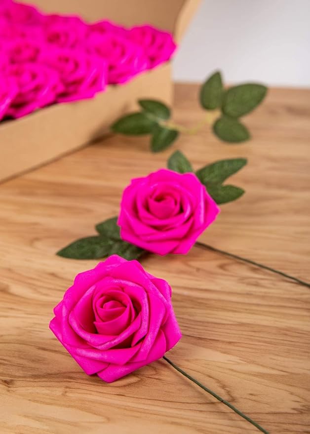 25pcs Artificial Flower Foam Rose Real Touch Roses Flower Heads with Stem for DIY Wedding Bouquets Centerpieces Arrangements Party Baby Shower Home Decor (Hot Pink)