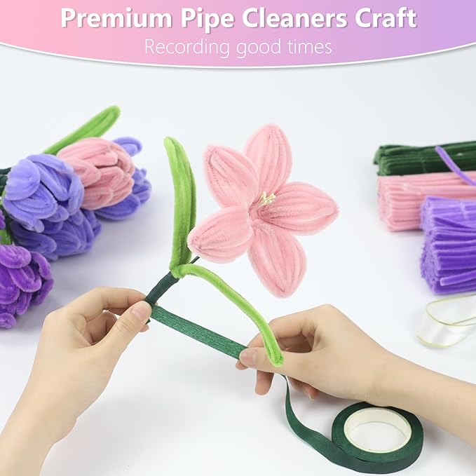 400 Pcs Pipe Cleaners Craft,4 Assorted Colors Pipe Cleaners Bulk, Chenille Stems for DIY Flower Making Kit with Floral Wires, Gardening Tape,Stamen& Ribbon(Purple)