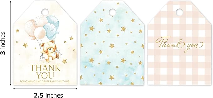 Pro Supply Global 24 Count of 2.5 Inch x 3 Inch Pre Strung Teddy Bears Gift Tag Assorted Printed Designs on Large Cardstock Gift Hang Tags - Ideal to Use on Bags
