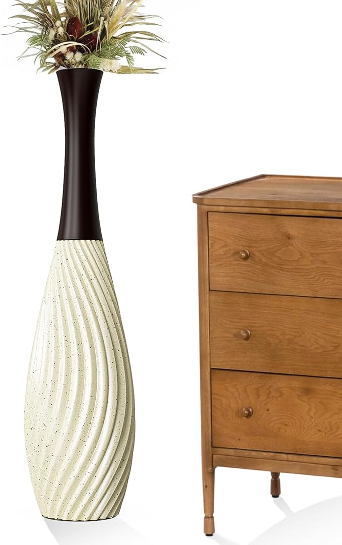 23.6 Inch Cream Tall White Vases – Brown Neck Teardrop Vase with Textured Vertical Lines & Speckled Finish, Decorative Floor Vase for Living Room, Wedding, Boho Home Decor – Resin Tall Vases