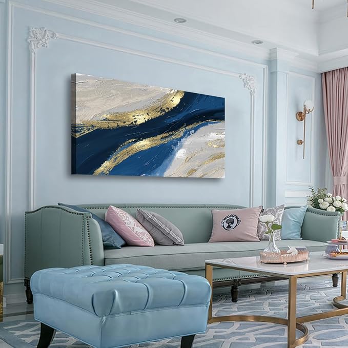 Abstract Canvas Wall Art for Living room Office Bedroom Golden Blue Wall Art Print Oil Paintings Modern Abstract River Texture Pictures Wall Decor Artwork Waterproof Ready to Hang - 20in * 40inch
