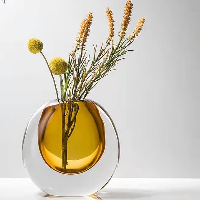 Crystal Vase, Modern Decorative Vase, Minimalist Floral Vase, Light Luxury Style for Home Decor, Centerpiece, Office, Pampas Grass, Dried Flowers, Flowers and Buds (Amber)