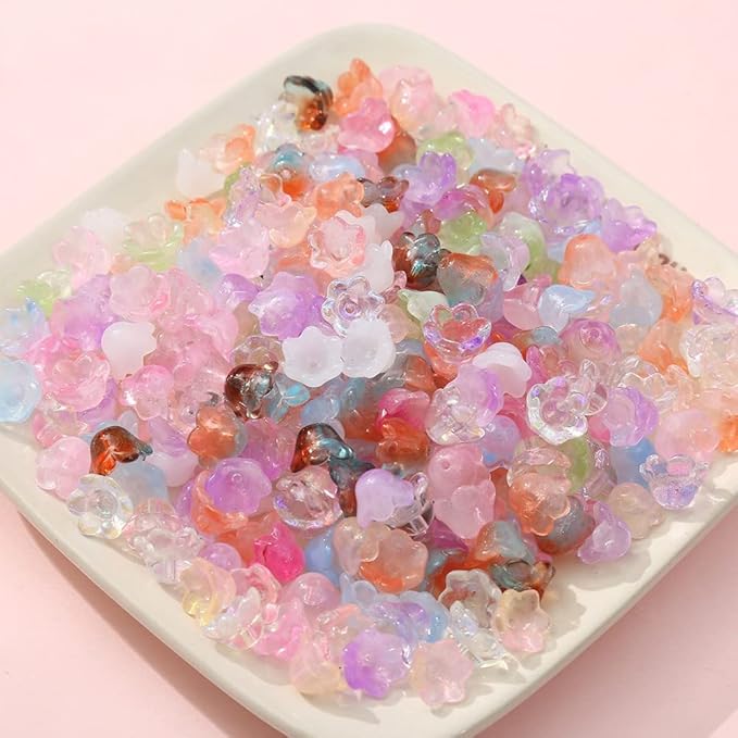 LadayPoa 350pcs Glass Bellflower Beads for Jewelry Making Trumpet Flower Beads Gradient Clear Cute Bead for Bracelets Making Aesthetic Bead Charms for DIY Necklace Decoration-Purple Series