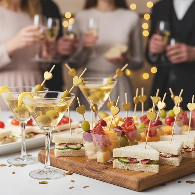 200 Pcs Gold Heart Toothpicks 4.7 Inch Heart Skewers for Appetizers Fancy Bamboo Cocktail Picks for Frozen Appetizers Fruit Charcuterie Drink Sticks Wedding Party Heart Shaped Decor
