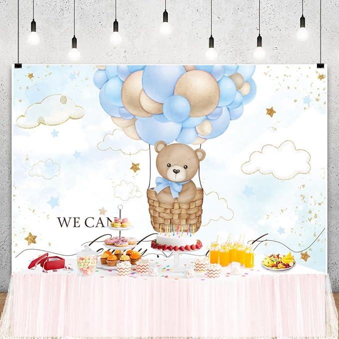 ChloropLastid We Can Bearly Wait Baby Backdrop Boy Bear Hot Air Balloon Baby Shower Photography Background Blue Balloons Clouds Stars Baby Party Cake Photo Decoration 12x8ft