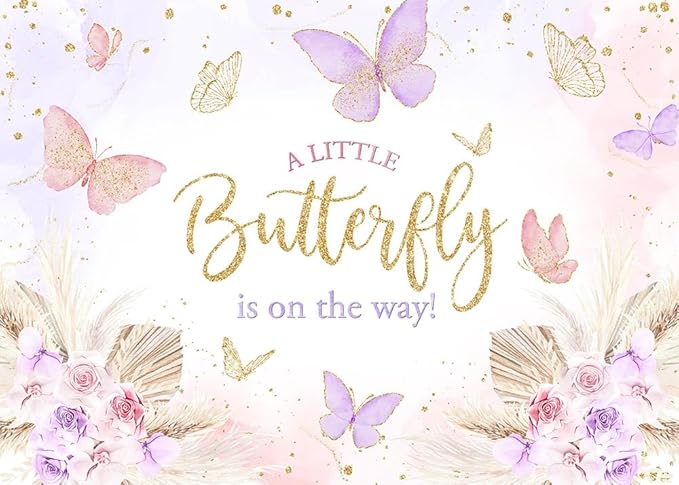 Mocsicka Butterfly Baby Shower Backdrop for Girl's A Little Butterfly is on The Way Pink Florals Flowers Photography Background Princess Girl Party Decoration Photography Props (10x7ft, Gold)